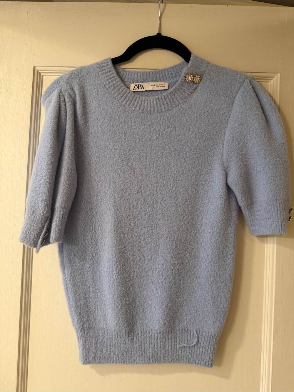 ZARA Pale Blue Puff Sleeve Sweater with Jewel Brooch